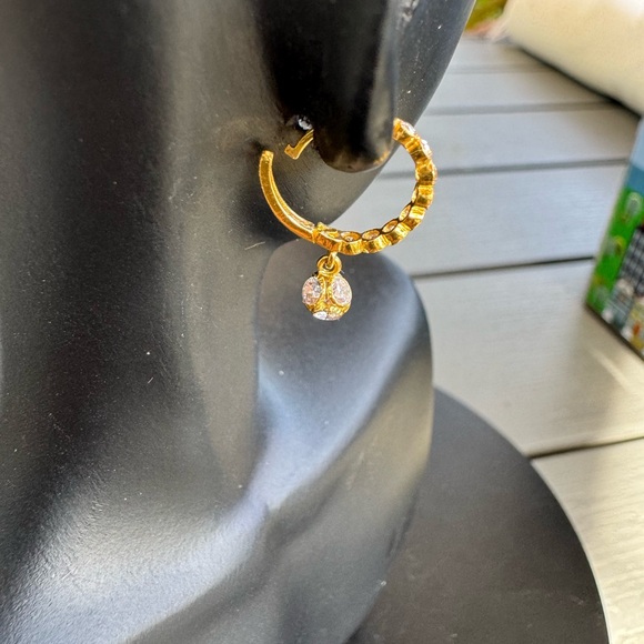 SOLD REAL 18k Saudi Gold Huggie Hoop Earrings with Zircon Stones - Picture 3 of 8